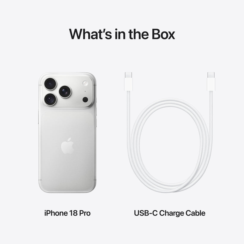 Unboxed retail package containing Apple iPhone 18 Pro 2TB Silver and USB-C cable at Tradeline.