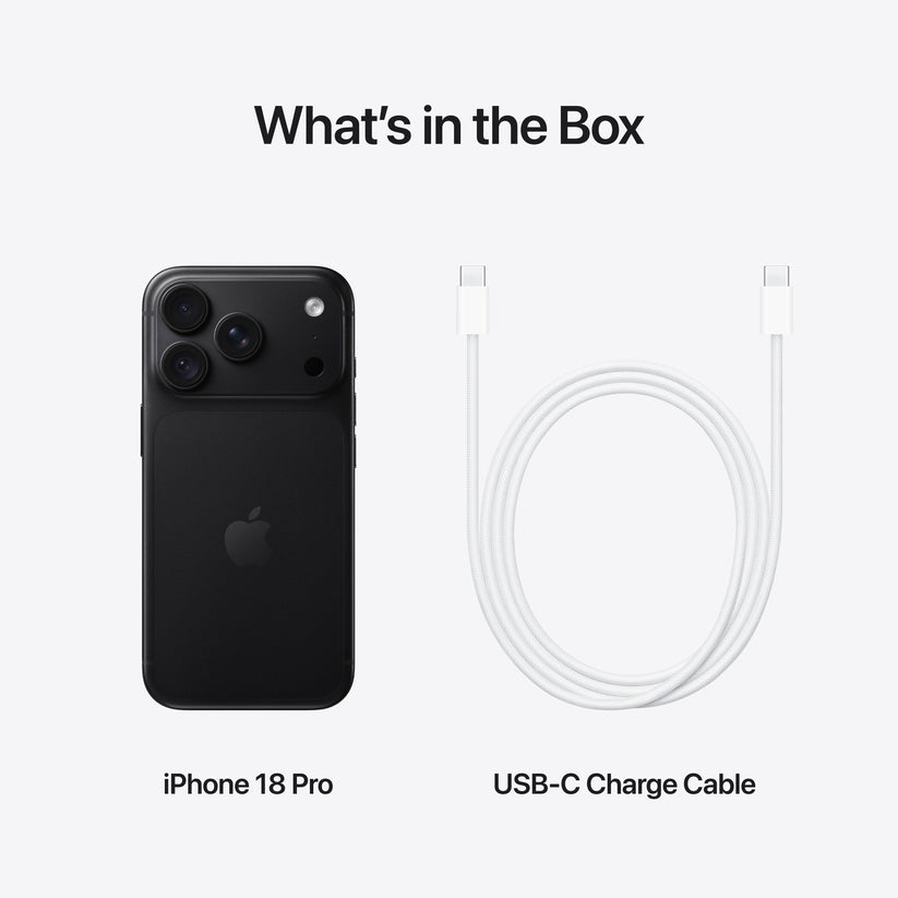 Unboxing contents featuring Apple iPhone 18 Pro 512GB Black and USB-C cable at Tradeline.