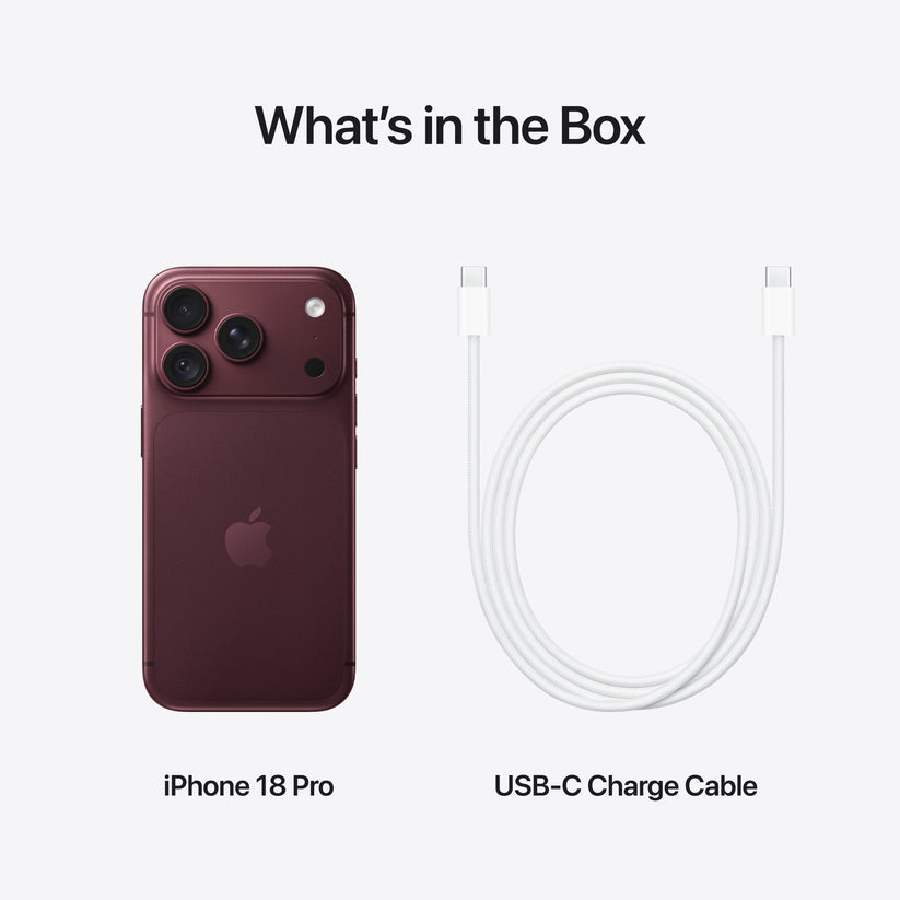 Out-of-box presentation featuring iPhone 18 Pro 512GB Burgundy and USB-C cable at Tradeline.