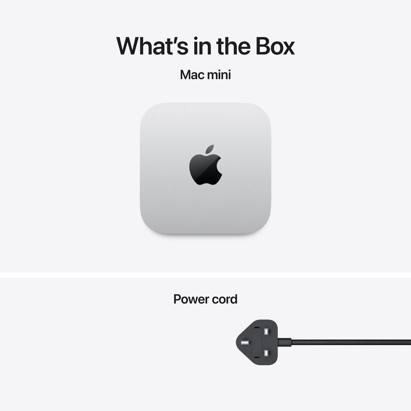 Package contents showing the Mac mini M6 512GB Silver desktop and power cord at Tradeline.