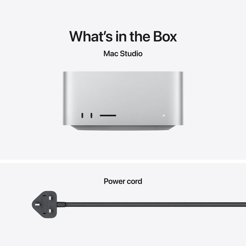 Packaging breakdown detailing the Apple Mac Studio M5 Max 512GB SSD and included power cord at Tradeline.