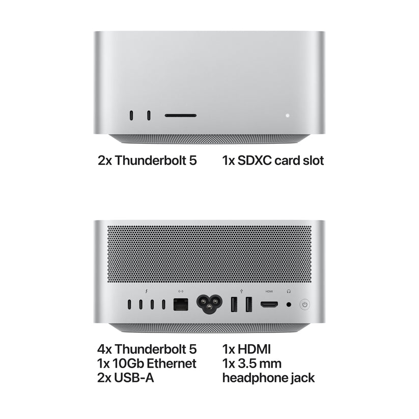Comprehensive view of the front and rear connectivity ports on the Mac Studio M5 Ultra 1TB SSD at Tradeline Egypt.