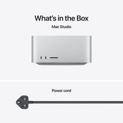 Box contents showing the Apple Mac Studio M5 Ultra 1TB SSD desktop alongside its power cord at Tradeline.