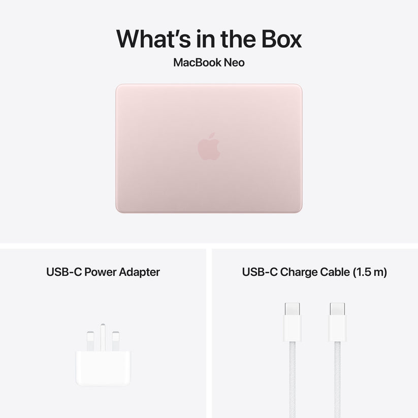 Packaging contents showing included charging cable and power adapter for 13-inch MacBook Neo Blush at Tradeline.