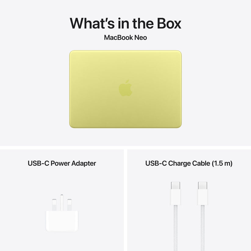 Retail box items including standard cable and power adapter for 13-inch MacBook Neo Citrus at Tradeline.