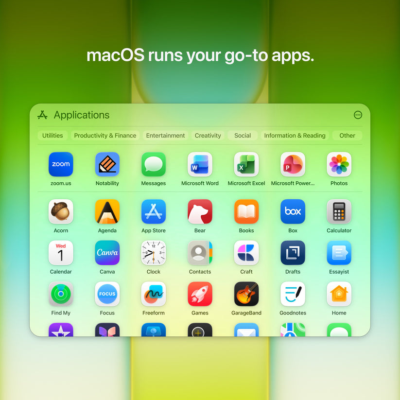 macOS software environment showcasing active applications on the 13-inch MacBook Neo Indigo at Tradeline.