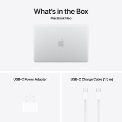 Package contents including USB charging cable and power adapter for 13-inch MacBook Neo Silver at Tradeline.