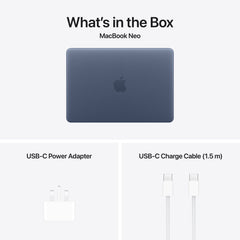 Included accessories inside the box with cable and power adapter for 13-inch MacBook Neo Indigo at Tradeline.