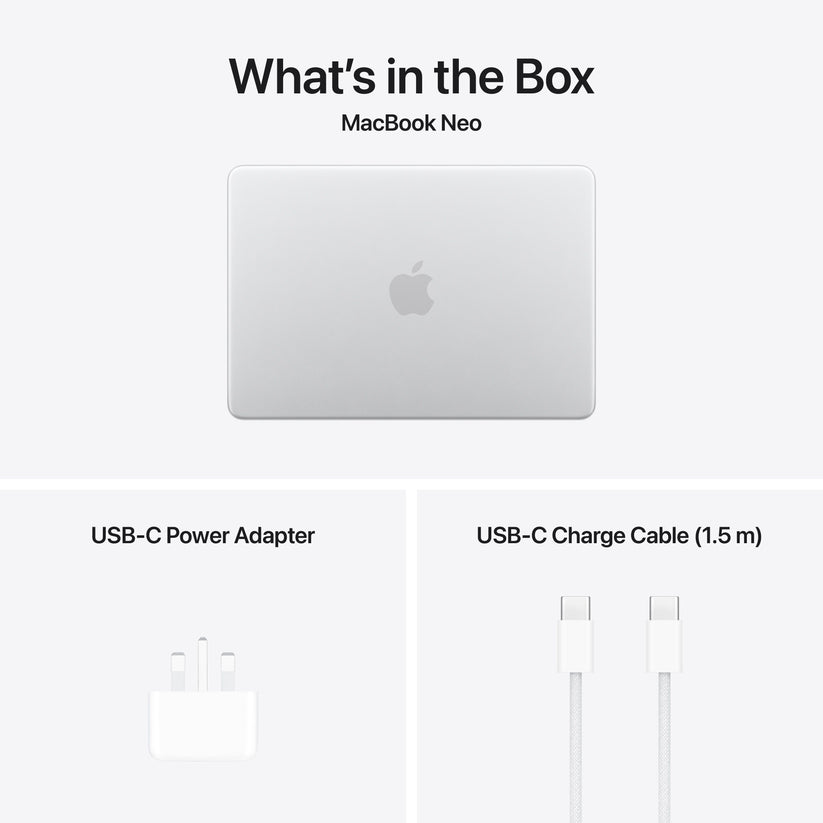 Original packaging accessories including cable and power adapter for 13-inch MacBook Neo Silver at Tradeline.