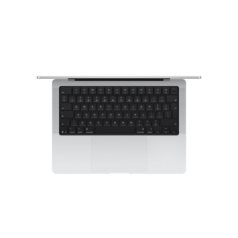 Overhead top perspective of the Magic Keyboard deck on 14-inch MacBook Pro M5 1TB Silver from Tradeline.