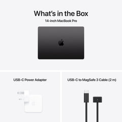 Included box items showcasing power adapter and USB-C charging cable for 14-inch MacBook Pro M5 Space Black at Tradeline.