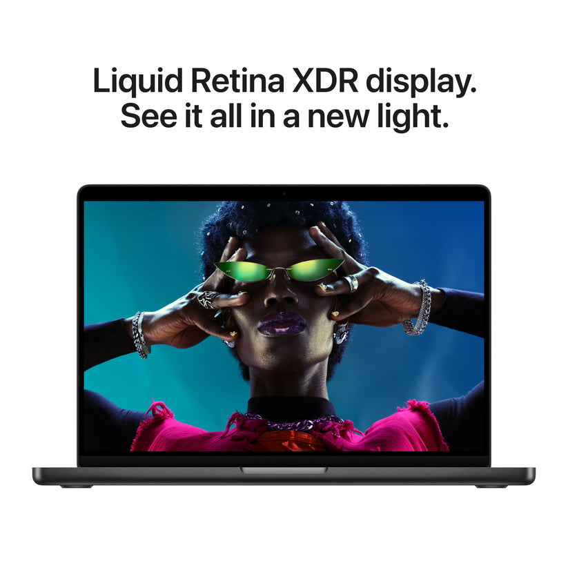 High-brightness Liquid Retina XDR screen view on 14-inch MacBook Pro M5 1TB Space Black at Tradeline.