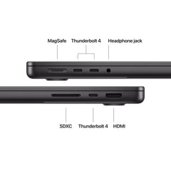 Side angle showing built-in I/O ports on the 14-inch MacBook Pro M5 1TB Space Black at Tradeline Egypt.