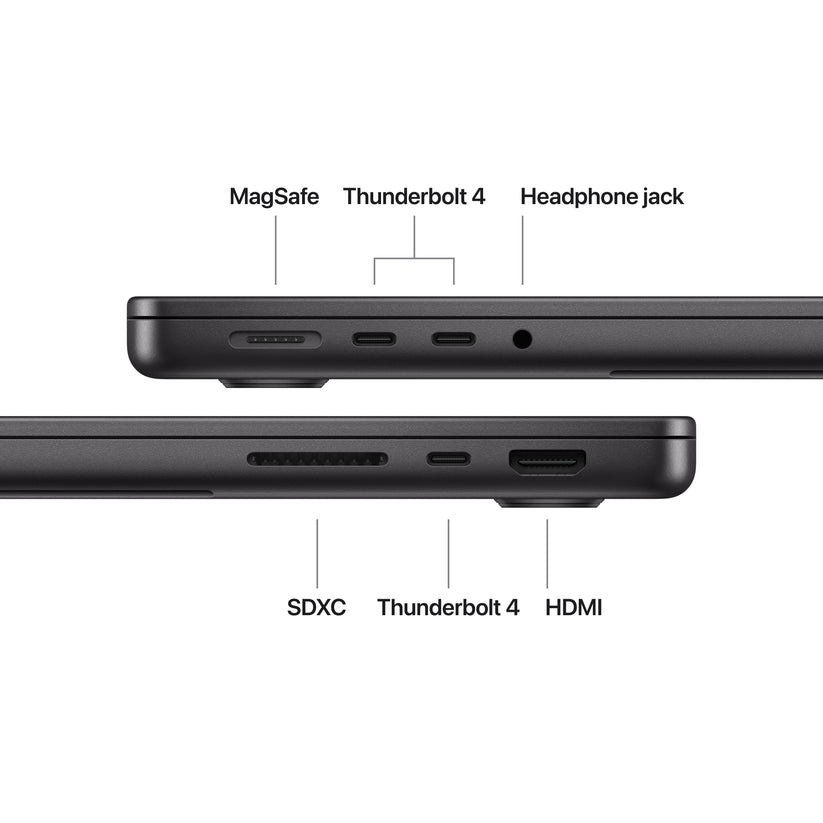 Side angle showing built-in I/O ports on the 14-inch MacBook Pro M5 1TB Space Black at Tradeline Egypt.