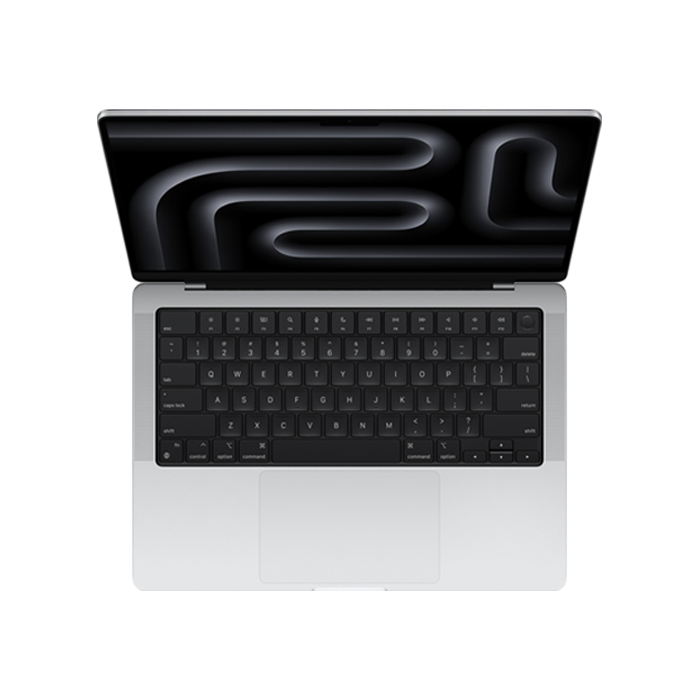 Top-down view showing the Magic Keyboard on the 16-inch MacBook Pro M5 Max 40-core GPU 2TB Silver at Tradeline.