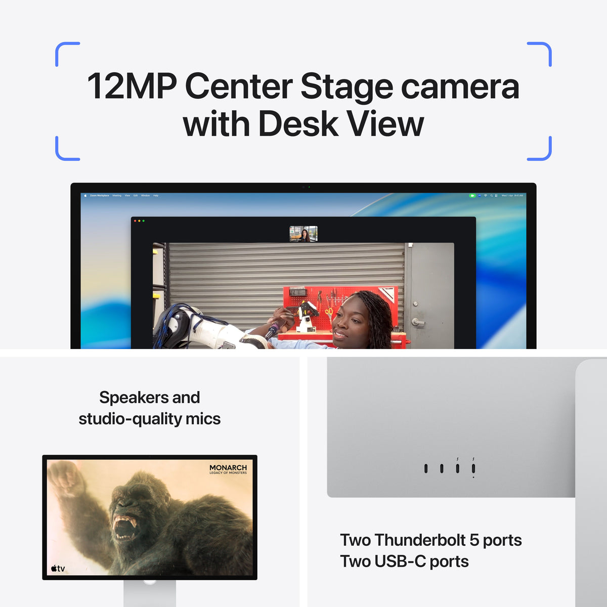 Close-up view of the 12MP Ultra Wide camera with Center Stage on the Apple Studio Display from Tradeline.