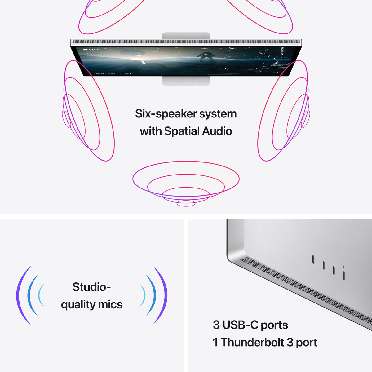 Feature diagram highlighting high-fidelity speakers and studio mics on Apple Studio Display Standard glass at Tradeline.