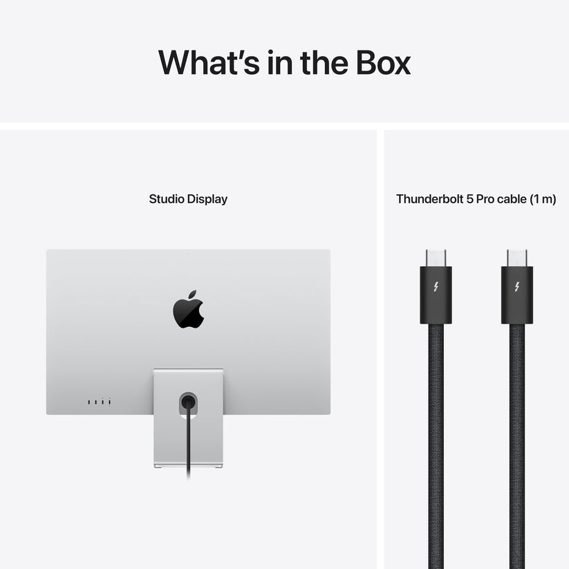 Package contents featuring the Apple Studio Display Standard glass and Thunderbolt 5 Pro cable from Tradeline.