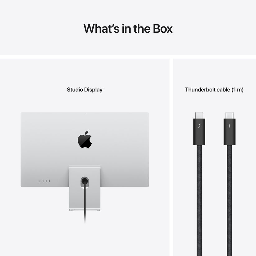 Package contents featuring the Apple Studio Display Standard glass and Thunderbolt cable from Tradeline Egypt.