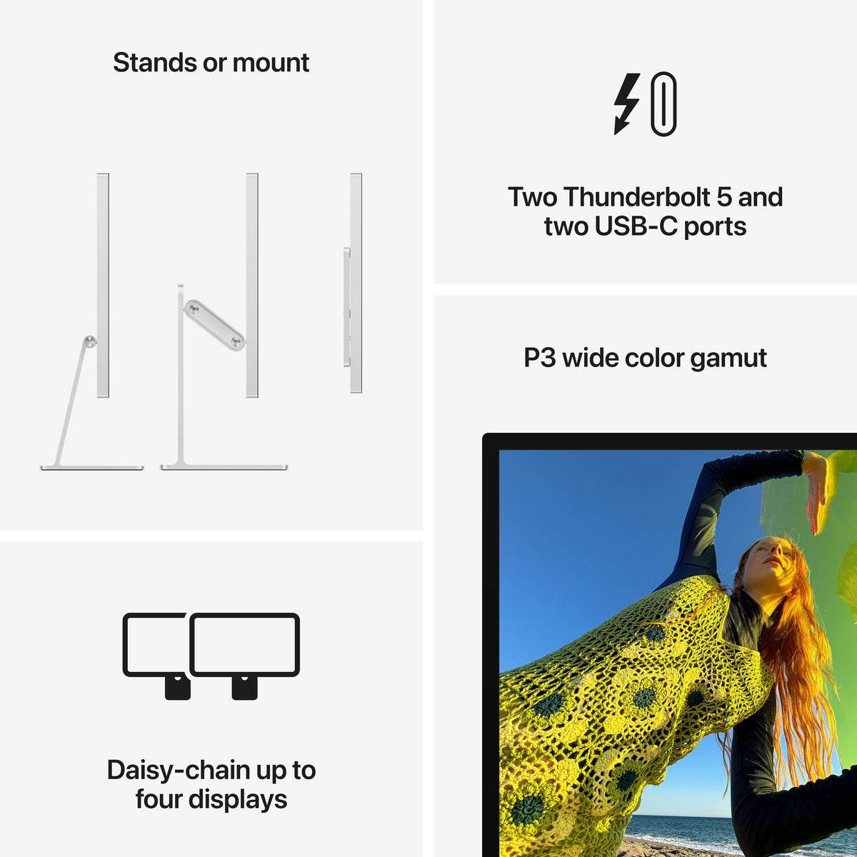 Promotional graphic detailing the advanced performance features of the Apple Studio Display Standard glass at Tradeline.
