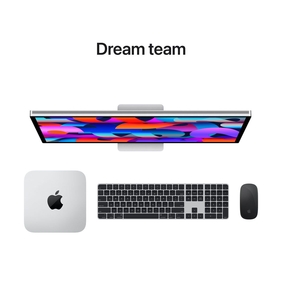 Apple Studio Display Standard glass Tilt-adjustable stand shown with desktop Mac accessories from Tradeline.