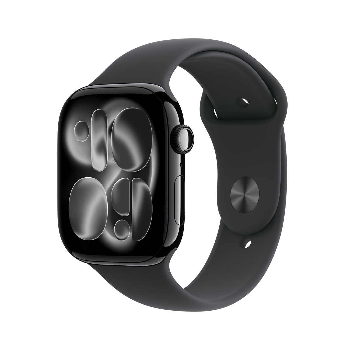 Front slight left display view of the Apple Watch Series 11 GPS 42mm Jet Black Aluminium Case with Black Sport Band M/L available at Tradeline.

