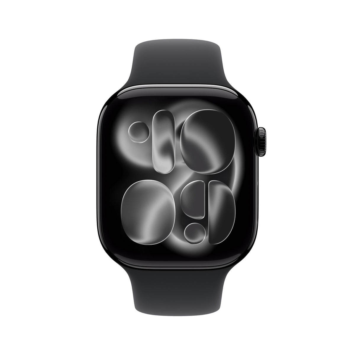 Front view of the Apple Watch Series 11 GPS 42mm Jet Black Aluminium Case with Black Sport Band M/L from Tradeline Egypt.
