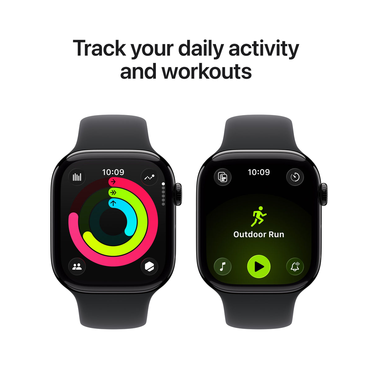Promotional graphic showing daily activity and workout tracking features for the Apple Watch Series 11 42mm Jet Black M/L variant from Tradeline.
