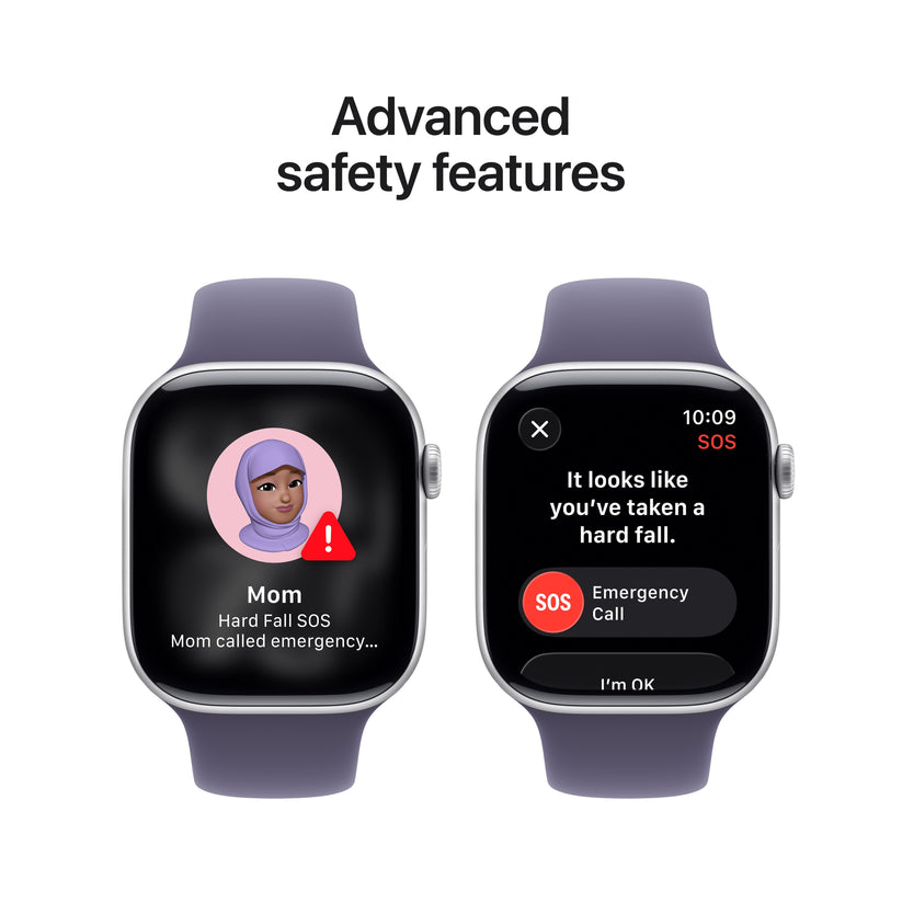 Display highlighting advanced safety features built into the Apple Watch Series 11 GPS 42mm Silver Aluminium Case M/L at Tradeline.
