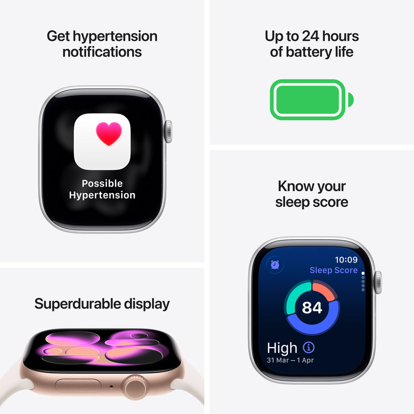Feature showcase highlighting Apple Health, up to 24 hours battery, super durable display, and sleep score on the Apple Watch Series 11 42mm Space Grey S/M at Tradeline.
