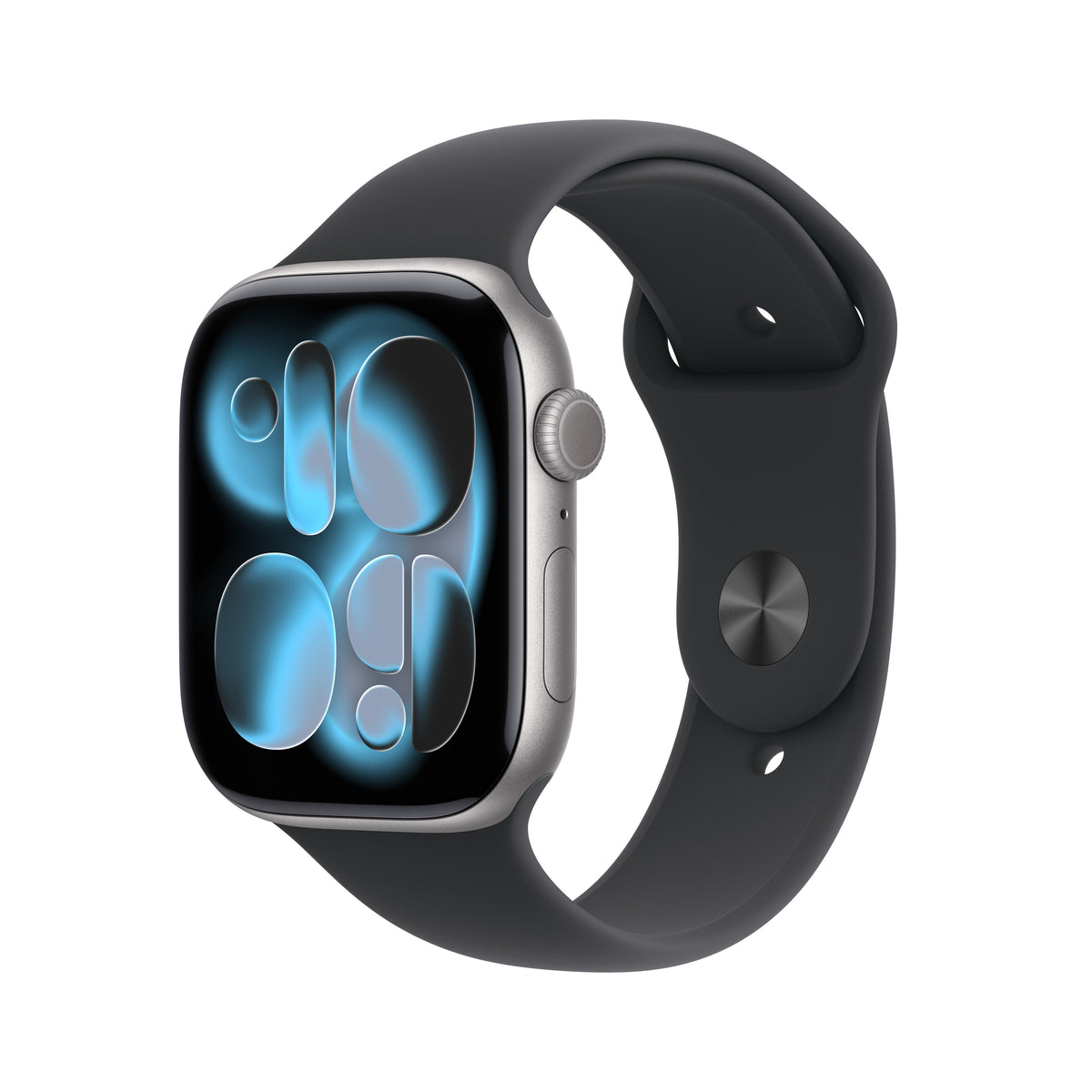 Front slight left display view of the Apple Watch Series 11 GPS 42mm Space Grey Aluminium Case with Black Sport Band S/M available at Tradeline.
