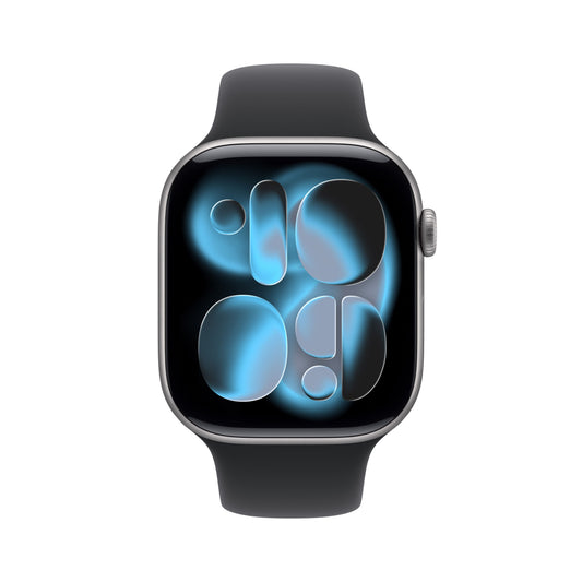 Front view of the Apple Watch Series 11 GPS 42mm Space Grey Aluminium Case with Black Sport Band S/M from Tradeline Egypt.
