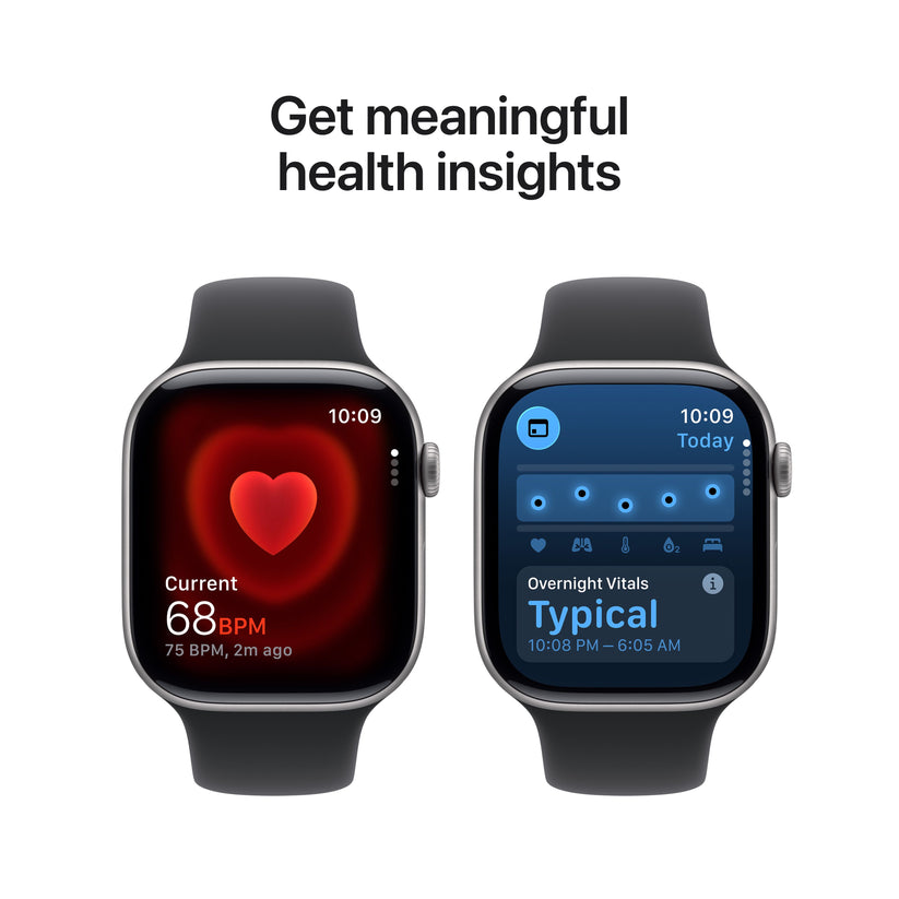 Infographic highlighting meaningful health insights available on the Apple Watch Series 11 GPS 42mm Space Grey S/M at Tradeline.
