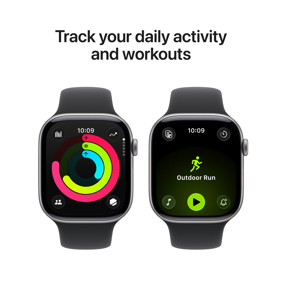 Promotional graphic showing daily activity and workout tracking features for the Apple Watch Series 11 42mm Space Grey S/M variant from Tradeline.

