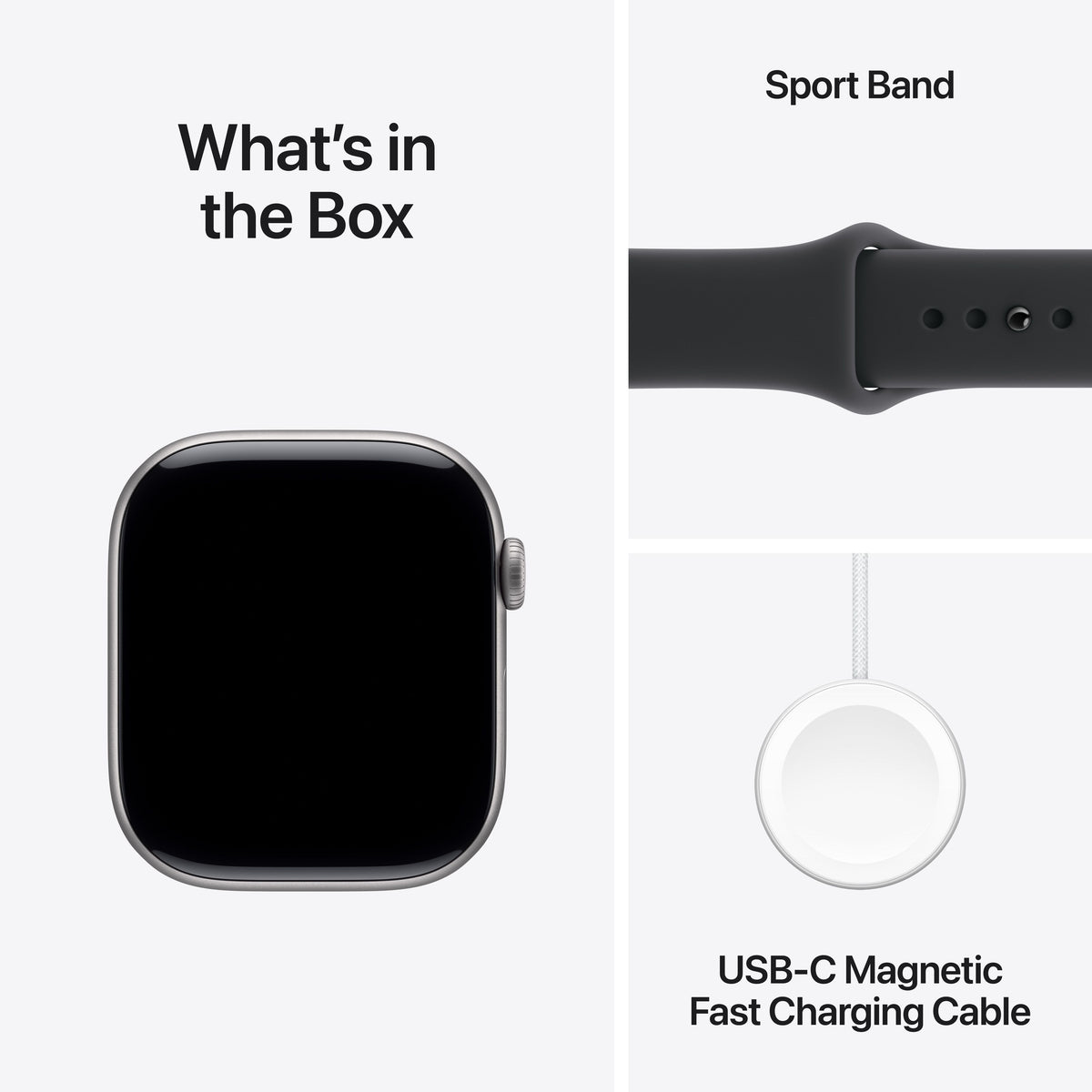 What is inside the official retail packaging box for the Apple Watch Series 11 GPS 42mm Space Grey Aluminium Case with Black Sport Band S/M at Tradeline.
