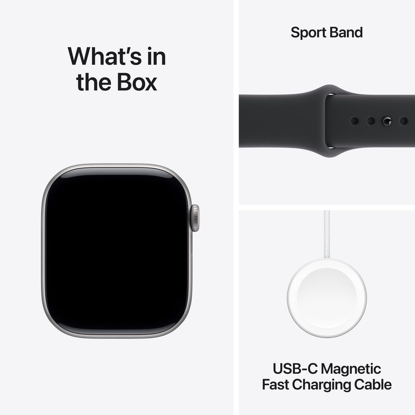 What is inside the official retail packaging box for the Apple Watch Series 11 GPS 42mm Space Grey Aluminium Case with Black Sport Band S/M at Tradeline.
