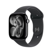 Front slight left display view of the Apple Watch Series 11 GPS 46mm Jet Black Aluminium Case with Black Sport Band M/L available at Tradeline.