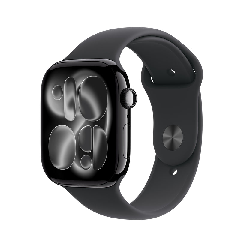 Front slight left display view of the Apple Watch Series 11 GPS 46mm Jet Black Aluminium Case with Black Sport Band M/L available at Tradeline.