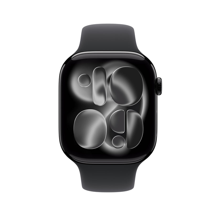 Front view of the Apple Watch Series 11 GPS 46mm Jet Black Aluminium Case with Black Sport Band M/L from Tradeline Egypt.