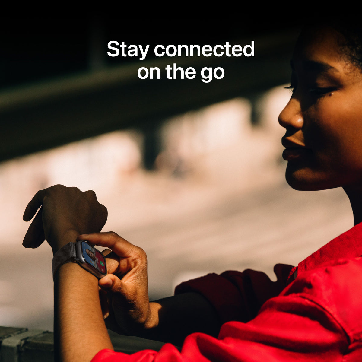 Feature overview showing how to stay connected on the go with the Apple Watch Series 11 GPS 46mm Jet Black M/L from Tradeline.