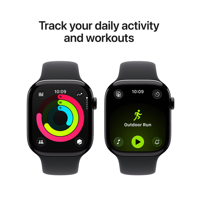 Promotional graphic showing daily activity and workout tracking features for the Apple Watch Series 11 Jet Black M/L variant from Tradeline.