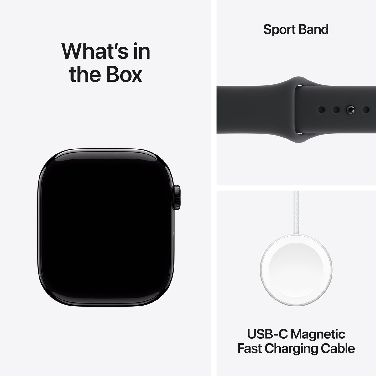 What is inside the official retail packaging box for the Apple Watch Series 11 GPS 46mm Jet Black Aluminium Case with Black Sport Band M/L at Tradeline.