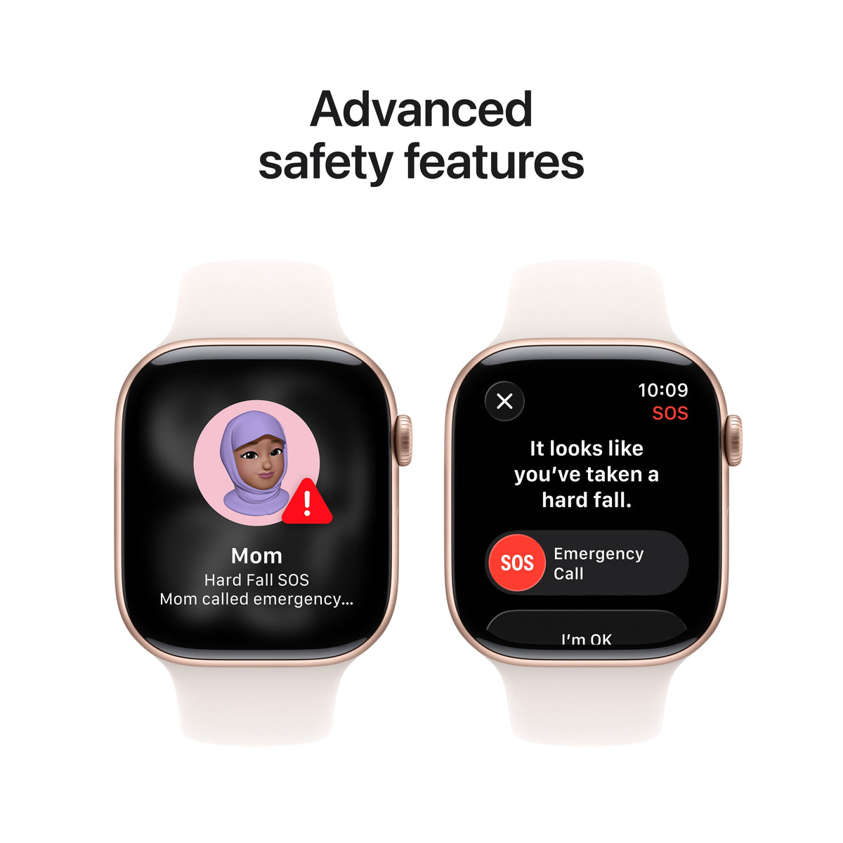 Display highlighting advanced safety features built into the Apple Watch Series 11 GPS 46mm Rose Gold Aluminium Case M/L at Tradeline.
