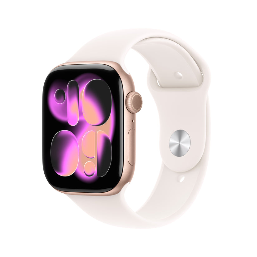 Front slight left display view of the Apple Watch Series 11 GPS 46mm Rose Gold Aluminium Case with Light Blush Sport Band M/L available at Tradeline.

