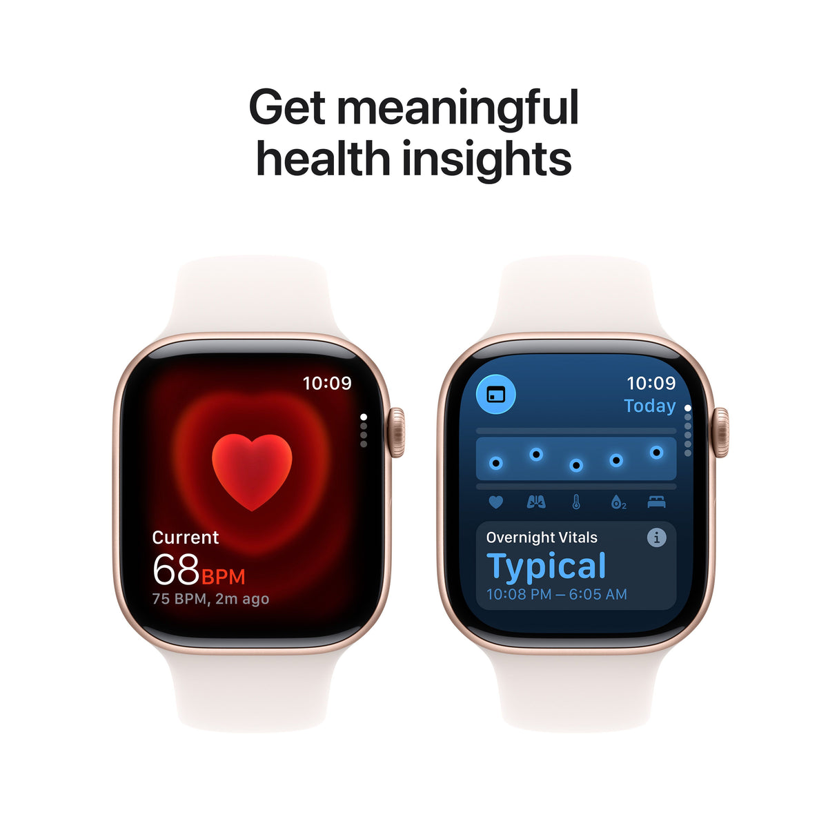 Infographic highlighting meaningful health insights available on the Apple Watch Series 11 GPS 46mm Rose Gold M/L at Tradeline.
