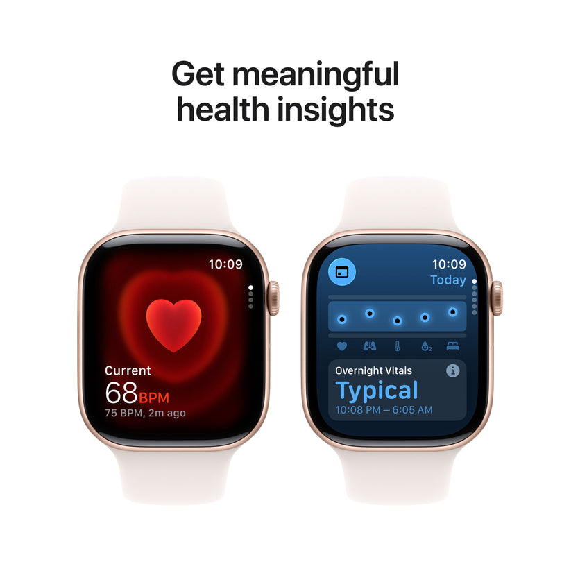 Infographic highlighting meaningful health insights available on the Apple Watch Series 11 GPS 46mm Rose Gold M/L at Tradeline.
