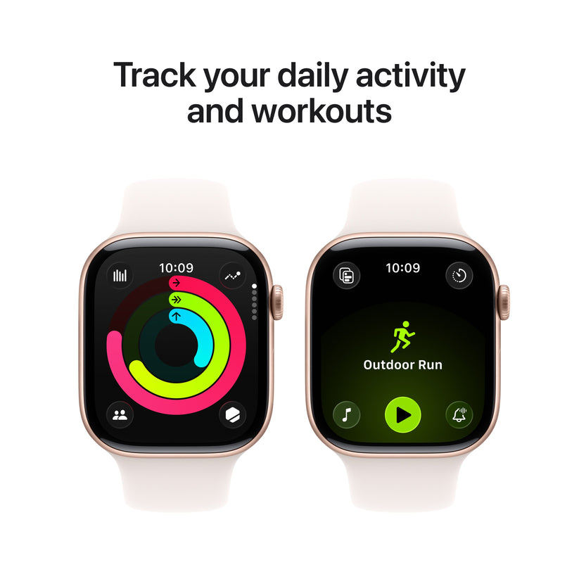 Promotional graphic showing daily activity and workout tracking features for the Apple Watch Series 11 Rose Gold M/L variant from Tradeline.
