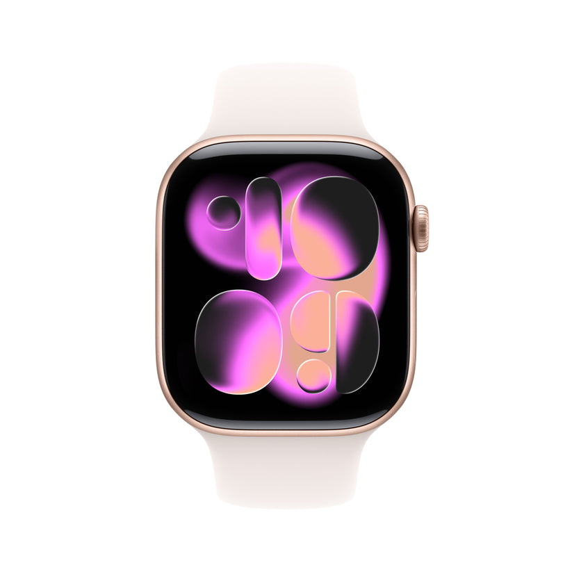 Front view of the Apple Watch Series 11 GPS 46mm Rose Gold Aluminium Case with Light Blush Sport Band S/M from Tradeline Egypt.
