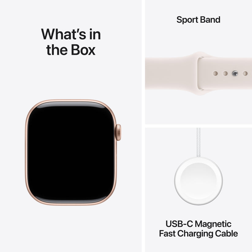 What is inside the official retail packaging box for the Apple Watch Series 11 GPS 46mm Rose Gold Aluminium Case with Light Blush Sport Band S/M at Tradeline.
