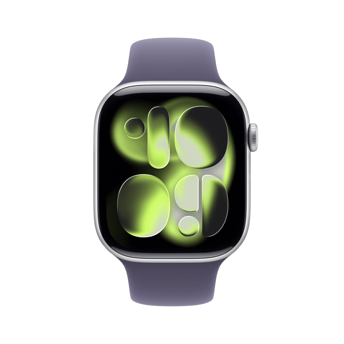 Front view of the Apple Watch Series 11 GPS 46mm Silver Aluminium Case with Purple Fog Sport Band S/M from Tradeline Egypt.